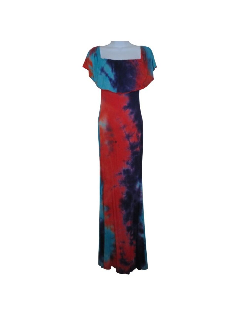 Vintage Tie-Dye Maxi Dress Square Neckline Ruffled Overlay Multi-Color By Cameo